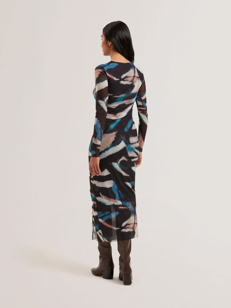 Ted Baker Black Ellylou Printed Mesh Bodycon Gathered Midi Dress - Image 2 of 5 Ted Baker Black Ellylou Printed Mesh Bodycon Gathered Midi Dress - Image 2 of 5