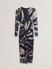 Ted Baker Black Ellylou Printed Mesh Bodycon Gathered Midi Dress - Image 4 of 5
