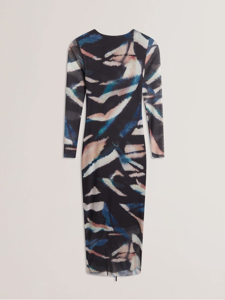 Ted Baker Black Ellylou Printed Mesh Bodycon Gathered Midi Dress - Image 5 of 5 Ted Baker Black Ellylou Printed Mesh Bodycon Gathered Midi Dress - Image 5 of 5