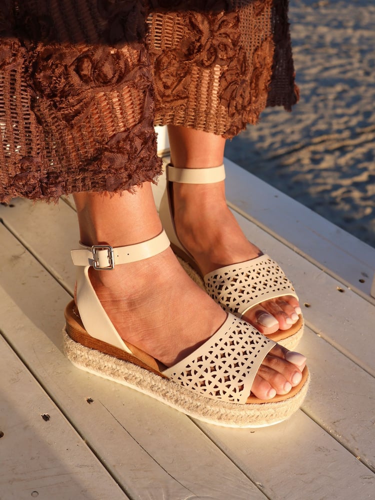 Linzi Natural Radiance Flatform Sandals With Laser Cut Detail - Image 1 of 5
