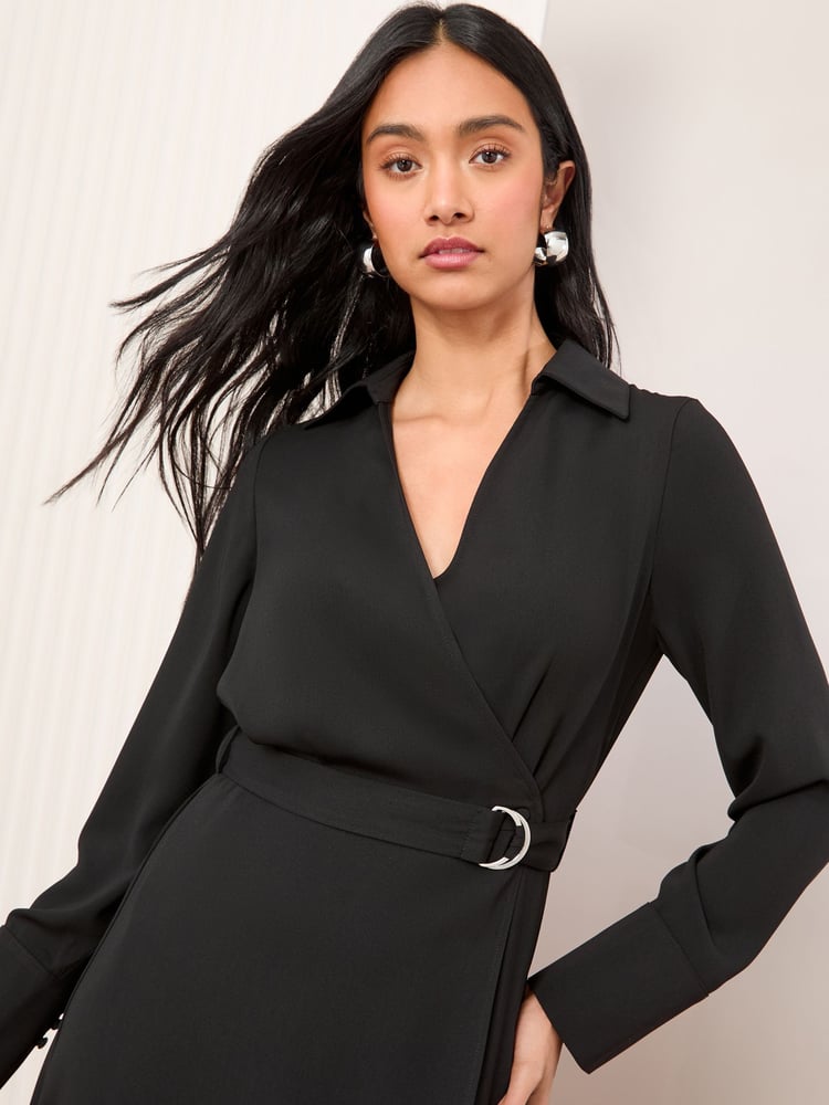 Friends Like These Black Long Sleeve Belted Wrap Tailored Dress - Image 2 of 5