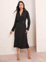 Friends Like These Black Long Sleeve Belted Wrap Tailored Dress - Image 3 of 5