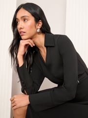 Friends Like These Black Long Sleeve Belted Wrap Tailored Dress - Image 4 of 5
