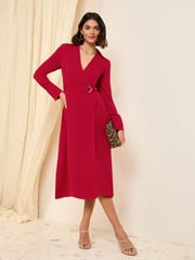 Friends Like These Red Long Sleeve Belted Wrap Tailored Dress - Image 1 of 4