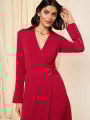 Friends Like These Red Long Sleeve Belted Wrap Tailored Dress - Image 2 of 4