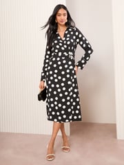 Friends Like These Monochrome Long Sleeve Belted Wrap Tailored Dress - Image 1 of 4