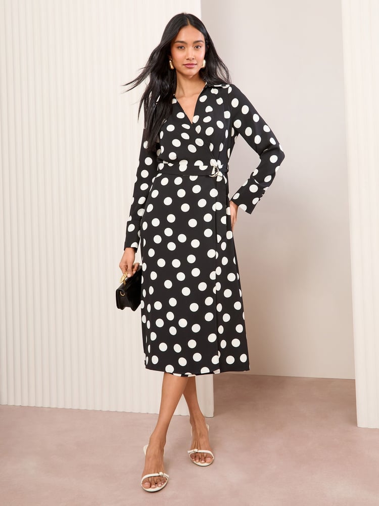 Friends Like These Monochrome Long Sleeve Belted Wrap Tailored Dress - Image 1 of 4