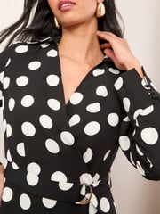 Friends Like These Monochrome Long Sleeve Belted Wrap Tailored Dress - Image 2 of 4