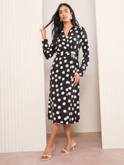 Friends Like These Monochrome Long Sleeve Belted Wrap Tailored Dress - Image 3 of 4