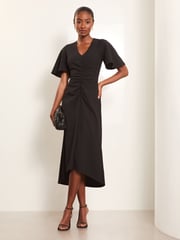Lipsy Black Short Sleeve V-Neck Ruched Midi Dress - Image 1 of 4
