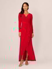 Adrianna Papell Red Jersey Draped Long Sleeve Gown - Image 1 of 7