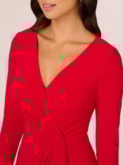 Adrianna Papell Red Jersey Draped Long Sleeve Gown - Image 4 of 7