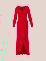 Adrianna Papell Red Jersey Draped Long Sleeve Gown - Image 6 of 7