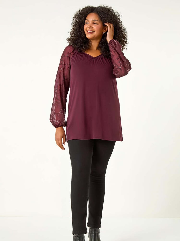 Roman Purple Curve Metallic Mesh Sleeve Top - Image 2 of 5