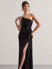 Club L London Black Hollywood Satin Strapless Draped Maxi Dress - Image 1 of 5