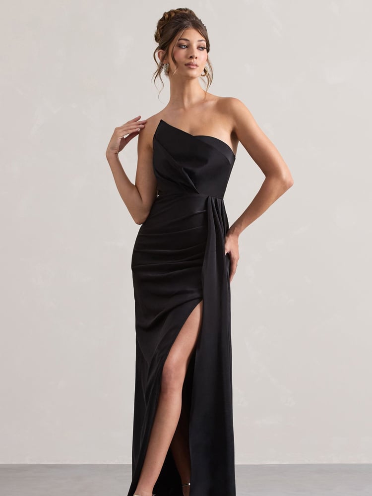 Club L London Black Hollywood Satin Strapless Draped Maxi Dress - Image 1 of 5