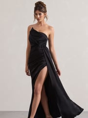 Club L London Black Hollywood Satin Strapless Draped Maxi Dress - Image 3 of 5