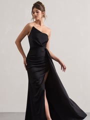 Club L London Black Hollywood Satin Strapless Draped Maxi Dress - Image 4 of 5