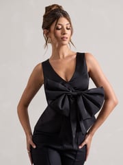 Club L London Black Adoration Satin Plunge-Neck Top With Bow - Image 3 of 5