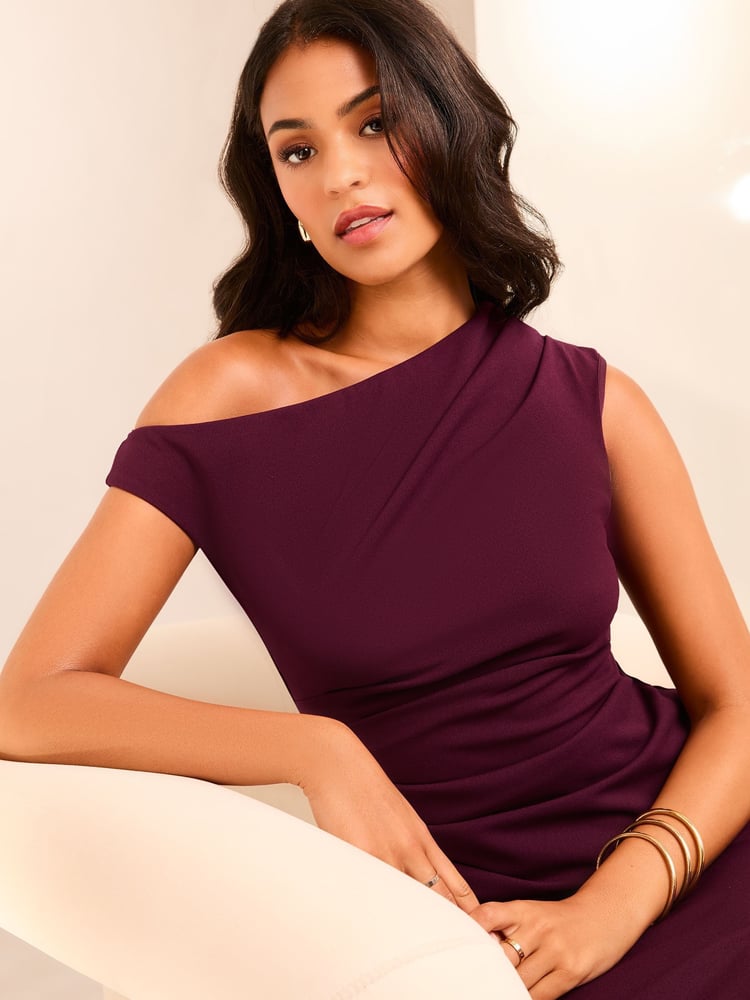 Fig Petite Drape One Shoulder Ruched Midi Dress - Image 2 of 4