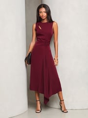 Lipsy Burgundy Red Sleeveless Ruched Front Asymmetrical Midi Dress - Image 1 of 4