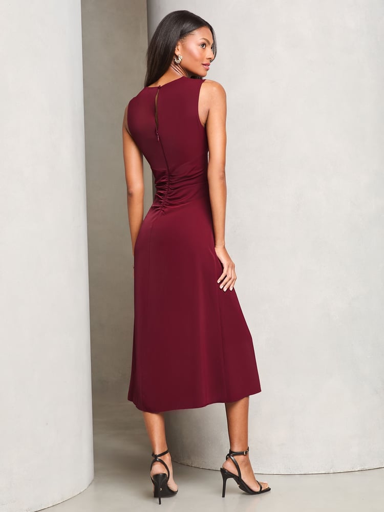 Lipsy Burgundy Red Sleeveless Ruched Front Asymmetrical Midi Dress - Image 4 of 4