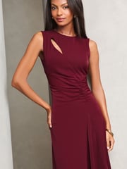Lipsy Burgundy Red Petite Sleeveless Ruched Front Asymmetrical Midi Dress - Image 2 of 4