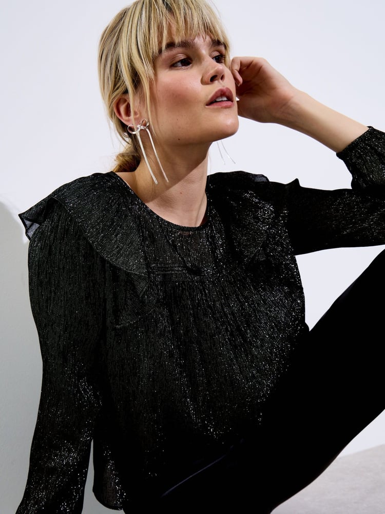 Oliver Bonas Black Metallic Frill Blouse - Image 1 of 8