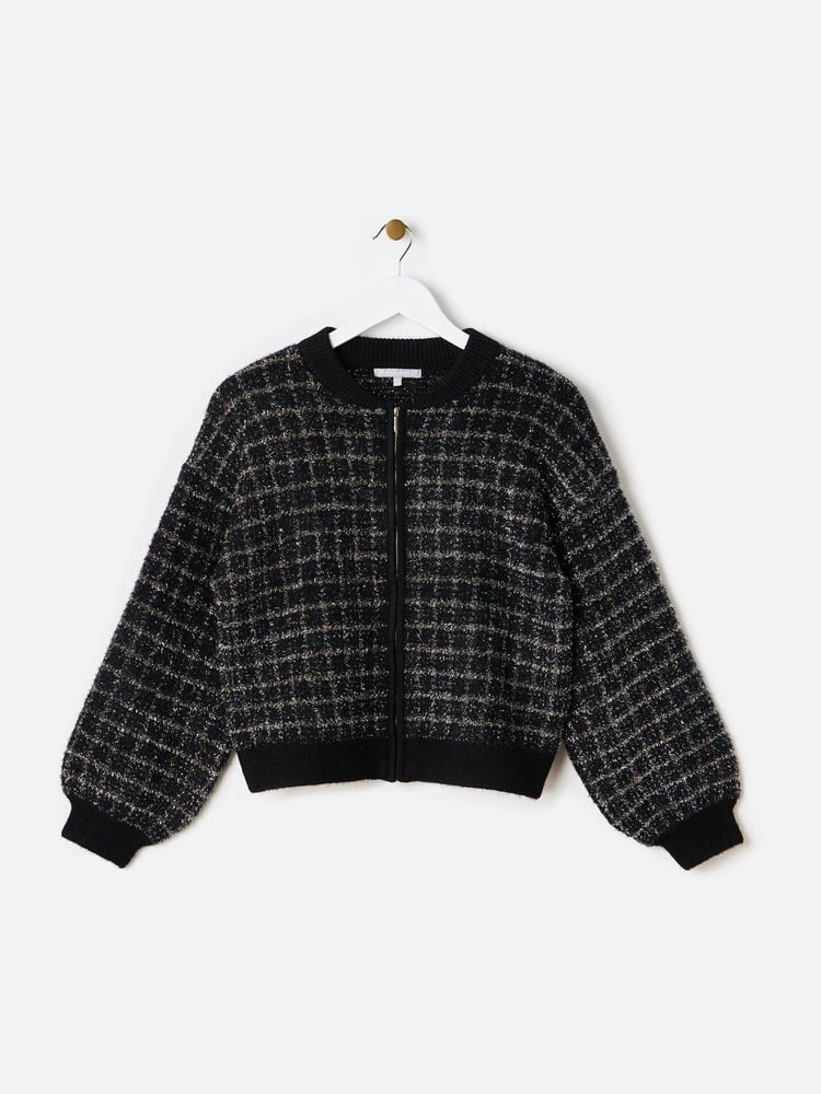 Oliver Bonas Black Sparkly Checked Bomber Jacket - Image 1 of 7