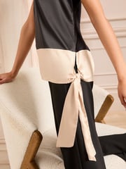 Love & Roses Black and Champagne Tie Side Satin Front Jersey Back Crew Neck Top - Image 2 of 4