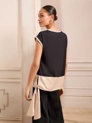 Love & Roses Black and Champagne Tie Side Satin Front Jersey Back Crew Neck Top - Image 3 of 4