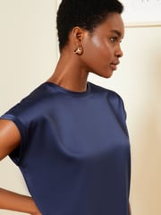 Love & Roses Navy Satin Front Jersey Back Crew Neck Top - Image 2 of 4