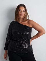 Live Unlimited Black Curve Sequin One Shoulder Top - Image 1 of 5