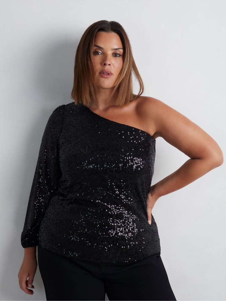 Live Unlimited Black Curve Sequin One Shoulder Top - Image 1 of 5