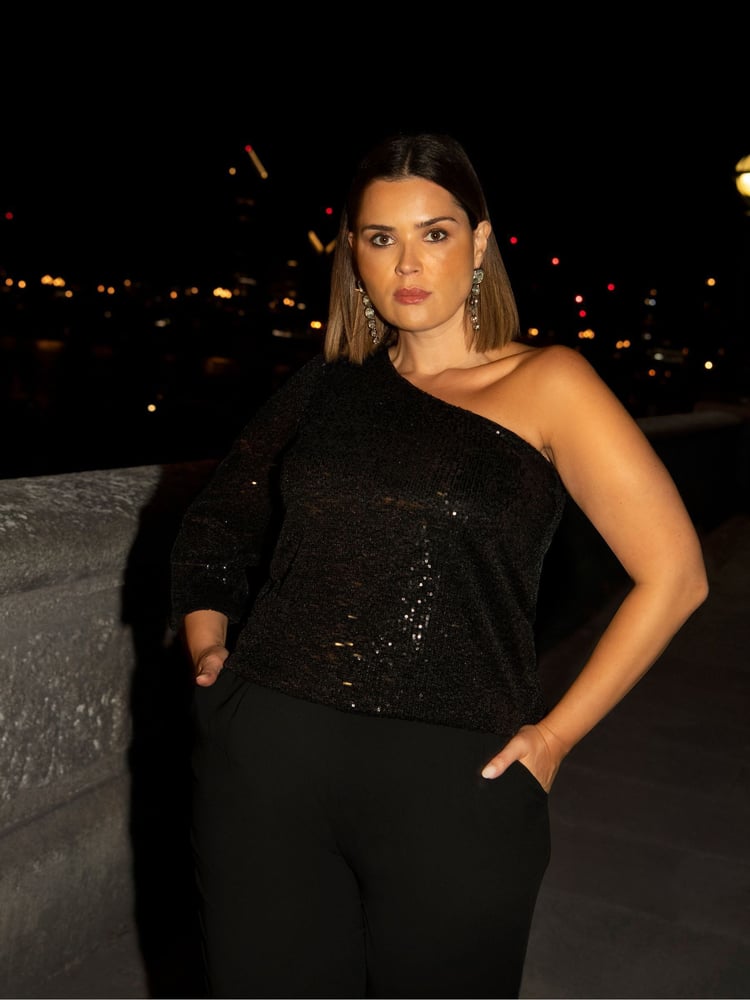 Live Unlimited Black Curve Sequin One Shoulder Top - Image 5 of 5