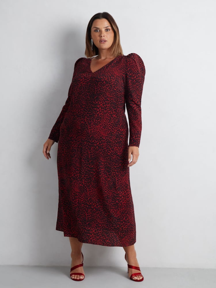 Live Unlimited Red Leopard Print Long Sleeve Midi Dress - Image 2 of 7