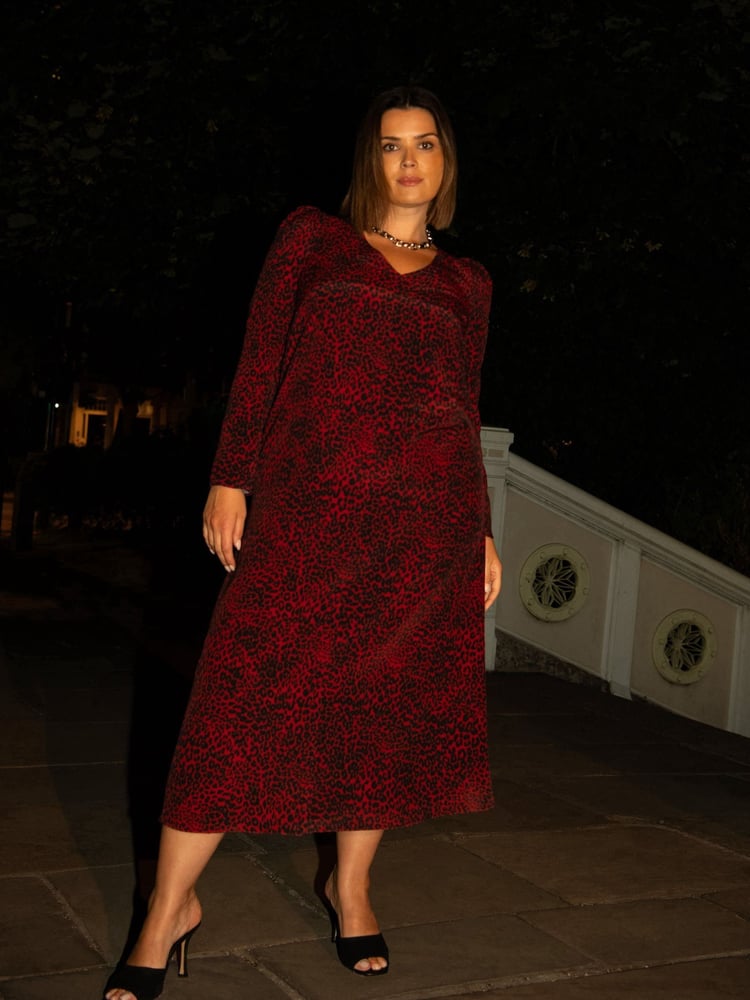 Live Unlimited Red Leopard Print Long Sleeve Midi Dress - Image 7 of 7
