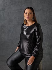 Live Unlimited Black Curve Sequin Chiffon Hem Top - Image 2 of 2
