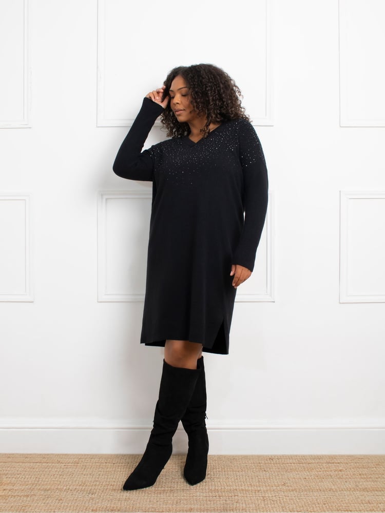 Live Unlimited Black Stud V-Neck Jumper Dress - Image 1 of 5
