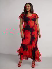 Live Unlimited Red Petite Floral Ruffle Shoulder Maxi Dress - Image 1 of 8