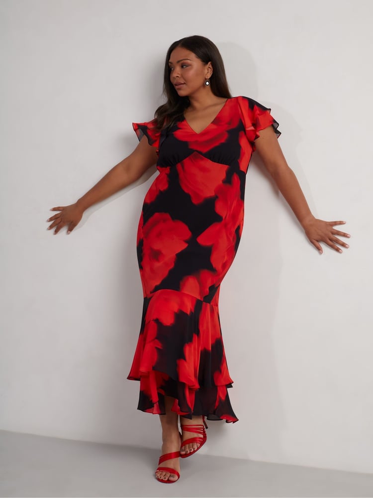 Live Unlimited Red Petite Floral Ruffle Shoulder Maxi Dress - Image 2 of 8