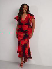 Live Unlimited Red Petite Floral Ruffle Shoulder Maxi Dress - Image 3 of 8