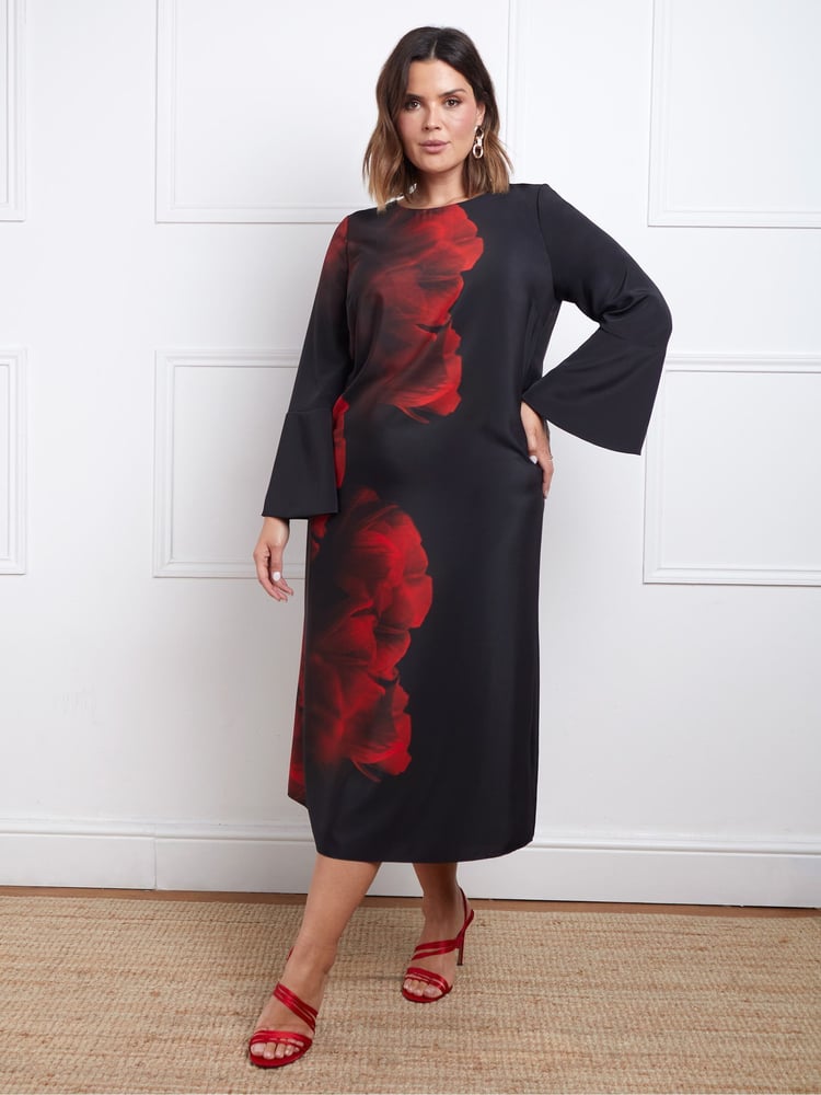 Live Unlimited Black Floral Print Flared Sleeve Midaxi Dress - Image 1 of 8