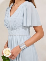 Lipsy Blue Short Sleeve Pearl Trim Mesh Maxi Bridesmaid Dress - Image 4 of 5