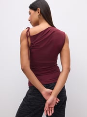 Burgundy Red Soft Touch Polyamide Ruched Sleeveless Top - Image 3 of 7