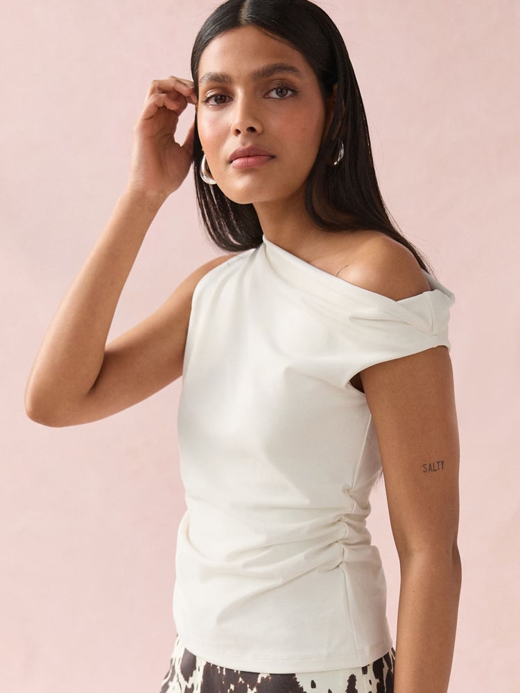 Ecru Aysmmetric Shoulder Sleevless Top - Image 1 of 5