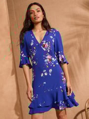 Love & Roses Cobalt Blue Floral Petite Printed V-Neck Tea Mini Dress - Image 3 of 4