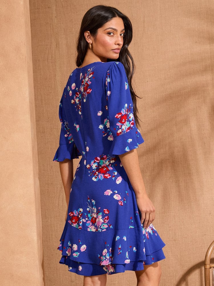 Love & Roses Cobalt Blue Floral Petite Printed V-Neck Tea Mini Dress - Image 4 of 4 Love & Roses Cobalt Blue Floral Petite Printed V-Neck Tea Mini Dress - Image 4 of 4