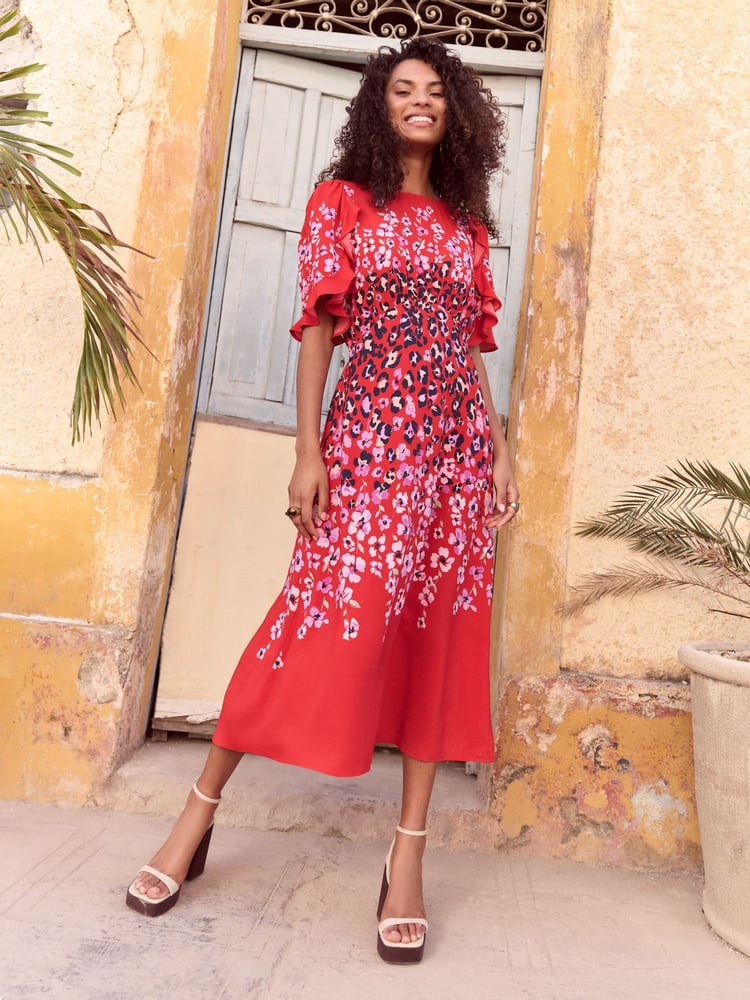 Love & Roses Red Animal Crew Neck Ruffle Sleeve Midi Dress - Image 1 of 4 Love & Roses Red Animal Crew Neck Ruffle Sleeve Midi Dress - Image 1 of 4