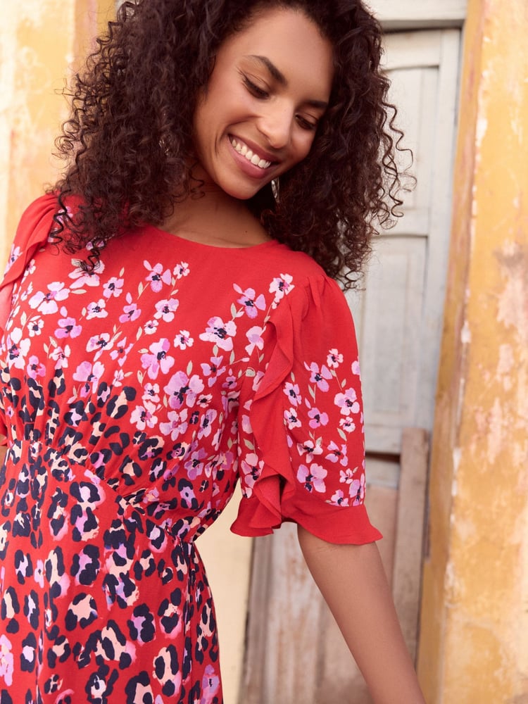 Love & Roses Red Animal Crew Neck Ruffle Sleeve Midi Dress - Image 2 of 4 Love & Roses Red Animal Crew Neck Ruffle Sleeve Midi Dress - Image 2 of 4